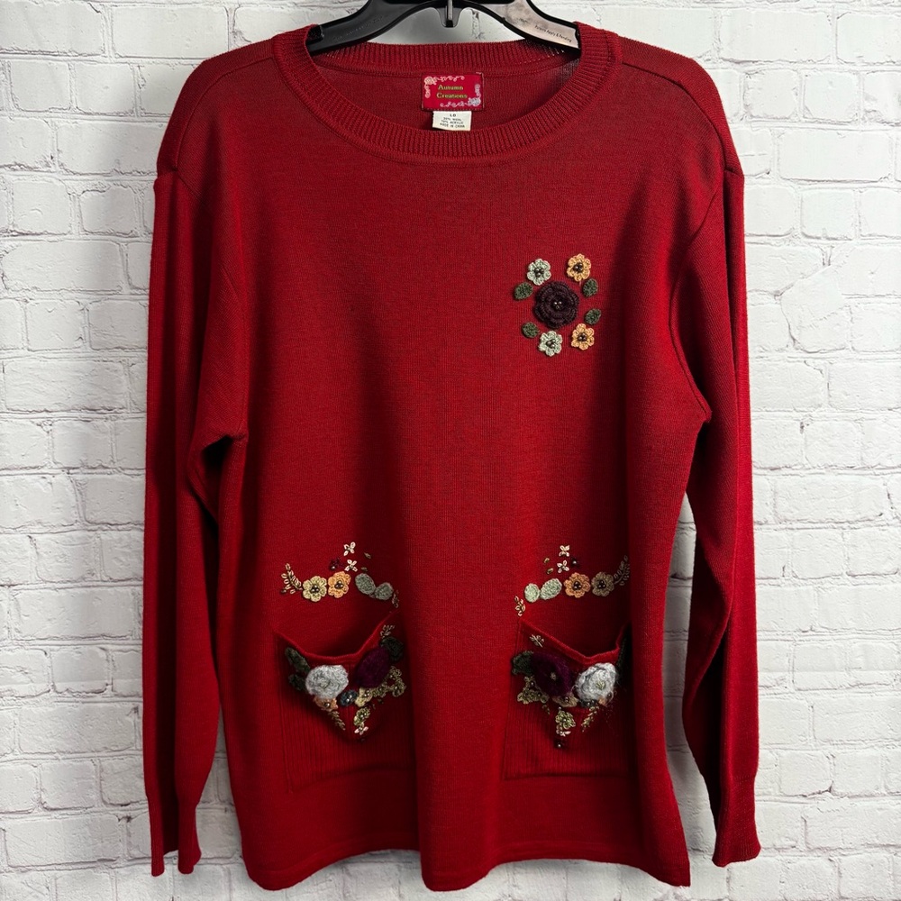 Vintage Y2k Grannycore red wool knit sweater Autumn Creations Large